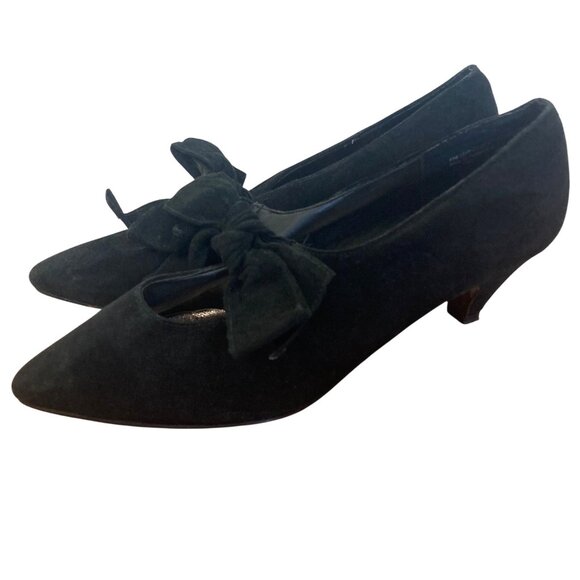 Vintage New York Transit Black Suede Pumps Bow Kitten Heel 8.5 9 Witchy Goth - Picture 1 of 13